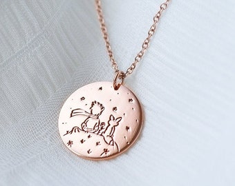 Solid 14k or 18k Gold The Little Prince Necklace | Personalized Silver Le Petit Prince Pendant | Platinum Necklace with Engraving Option