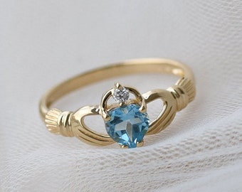 Claddagh Ring with Topaz and Diamond  | 14k Solid Gold Ring with Heart Topaz