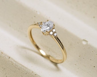 Delicate Moissanite Engagement Ring | Solid Gold Ring with Moissanite and Side Diamonds | Platinum Ring with White Oval Gemstone