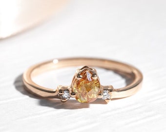 Stunning Statement Ring with Orange Pear Salt and Pepper Diamond | 14k Rose Gold Ring | Engagement Salt and Pepper Ring with Side Diamonds