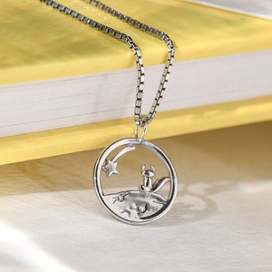 The Little Prince Cut Out 14k or 18k Gold Necklace with Fox | Silver Pendant Le Petit Prince | Platinum Round Pendant with Fox and Star