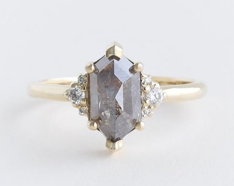 Stunning Ring with Salt and Pepper Diamond | Solid 14k Gold Ring with Gray Diamond