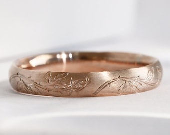 Rose Solid Gold Ring | Engraved Wedding Bands | Ring with Handmade Engraving