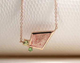 Stunning 14k or 18k Gold Necklace with Kite Strawberry Agate | Platinum Necklace with Pink Gemstone and  Side Peridot and Tsavorit Granate