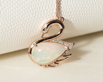 Swan Pendant with Pear Opal | 14k Rose Gold Swan Necklace with White Gemstone | Diamond Statement Necklace