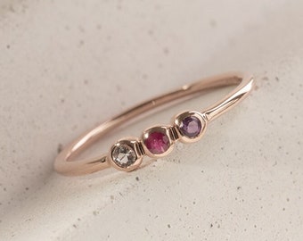 Minimalist Three Gemstone Ring | Stacking 14k or 18k Solid Gold Ring | Personalized Platinum Ring with Three Stones of your Choice