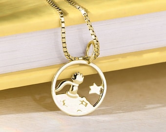De kleine prins uitgesneden 14k of 18k gouden ketting | Zilveren hanger Le Petit Prince | Platina ronde hanger met prins en ster