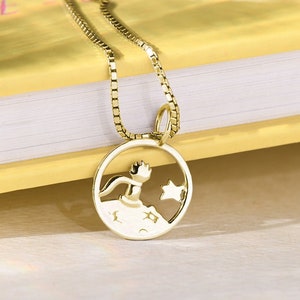 The Little Prince Cut Out 14k or 18k Gold Necklace | Silver Pendant Le Petit Prince | Platinum Round Pendant with Prince and Star