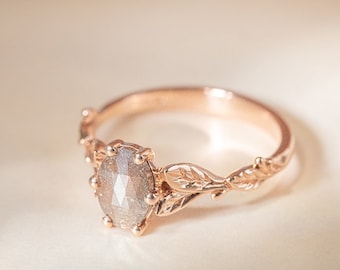 Vintage Ring with Oval Cut Salt and Pepper Diamond | 14k Rose Gold Gray Diamond Ring | Hand Engraved Engagement Ring