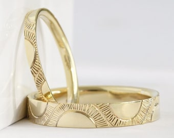 Sun Solid Gold Ring | Engraved Wedding Bands | Ring with Handmade Engraving