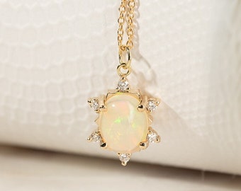 Gold Sun Pendant with Oval Opal | Platinum Necklace with Yellow and White Gemstones  | Unique Necklace with Diamonds