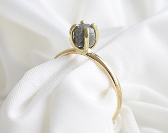 Bague en or diamant brut | Bague en or massif avec diamant naturel gris