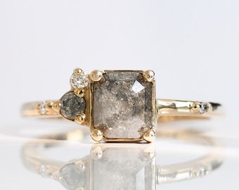 Stunning 14k Solid Gold Ring with Salt and Pepper Diamond | Gold Radiant Cut Diamond Ring