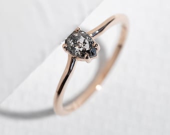 14k or 18k Gold Delicate Ring with Pear Salt and Pepper Diamond | Platinum Ring with Gray Diamond | Unique Solitaire Engagement Ring