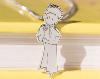 Personalisierte Die kleine Prinz Charakter 14k oder 18k Gold Halskette | Silberanhänger Le Petit Prince | Silber Anhänger mit Gravur