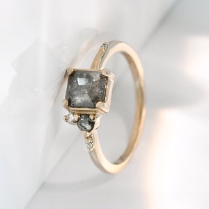 Stunning 14k Solid Gold Ring with Salt and Pepper Diamond Gold Radiant Cut Diamond Ring image 3