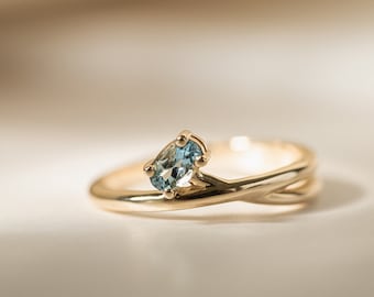 Delicate Crisscross Engagement Ring with Aquamarine | Solid Gold Ring with Oval Aquamarine | Platinum Ring with Blue Gemstone