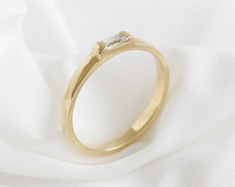 Minimalist Solid Gold Ring with Baguette Diamond | 14k or 18k Gold Diamond Ring | Platinum Ring with White Diamond