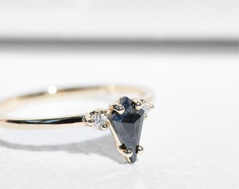 14k or 18k Gold Ring with Black Kite Salt and Pepper Diamond | Stunning Statement Ring with Three Diamonds | Platinum Promise Diamond Ring