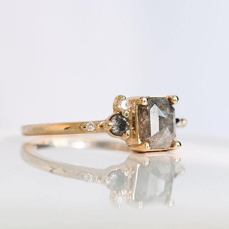 Stunning 14k Solid Gold Ring with Salt and Pepper Diamond Gold Radiant Cut Diamond Ring image 5