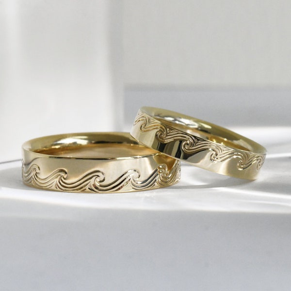Sea Waves Solid Gold Ring | Engraved Wedding Bands | Ring with Handmade Engraving
