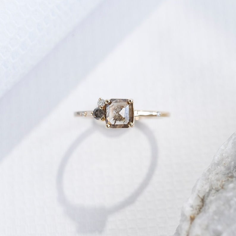 Stunning 14k Solid Gold Ring with Salt and Pepper Diamond Gold Radiant Cut Diamond Ring image 4