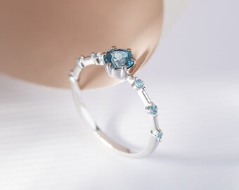 Unique London Blue Topaz Ring | 14k or 18k Solid Gold Engagement Ring | Platinum Ring with Side Swiss Blue Topazes