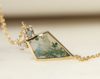 Unique 14k or 18k Gold Necklace with Kite Moss Agate | Platinum Necklace with Side Salt and Pepper Diamond and Moissanite