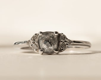 14k White Gold Statement Ring with Salt and Pepper Diamond | Gold Ring with Gray Side Diamonds