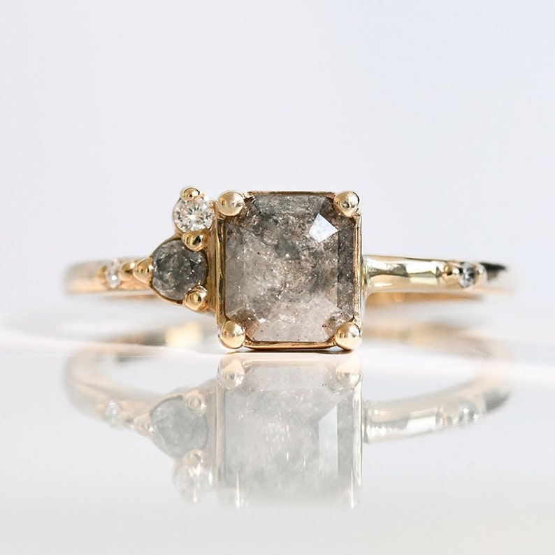 Stunning 14k Solid Gold Ring with Salt and Pepper Diamond Gold Radiant Cut Diamond Ring image 1