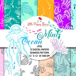 Mint Ocean Digital Paper Pack Sea Animals Papers Medfish Turtle Nautical Papers Blue Sea Seamless Pattern Acquerello Scrapbooking