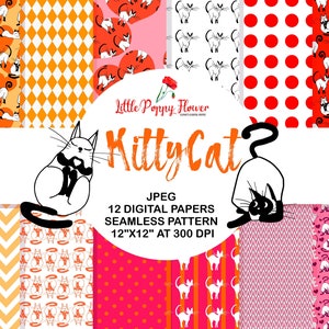 Cute Cat Digital Paper. Scrapbook Backgrounds, Kitty patterns for Commercial Use. black cat, retro digital paper, digital scrapbook