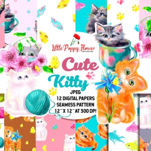 Cute Kittens digital paper pack, Scrapbook papers, cat scrapbook, pet digital art, Scrapbooking, instant download, cat printable, kitty