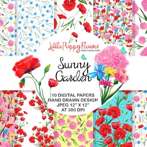 FLORAL paquet de papier numérique: « Sunny Garden » Flower Digital art Boho fond Cartes numériques Télécharger peinture coquelicot Printable