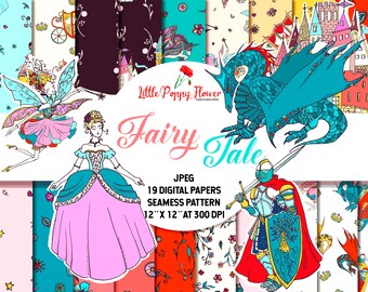 Fairy Tale digital paper pack, Scrapbook papers, Digital download, instant download, princess printable, fairy, flower, dragon paper set