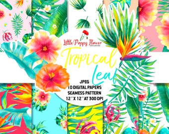 Tropical digital paper pack, Scrapbook papers, Digital download, instant download, exotic flower printable, tropical leafs paper set