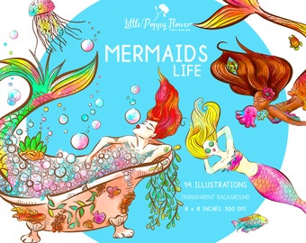 Mermaid art digital PNG pack, mermaid invitation, Scrapbook kit, wall art download, instant, mermaids printable, little mermaid,craft image