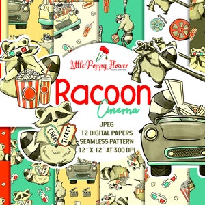 Racoon Retro Movie paquete de papel digital, scrapbook craft, scrapbooking kit, imprimible instantáneo, animal art print, lindo fondo de oso, divertido