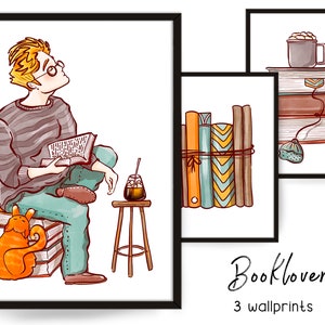 Booklover Wall Print, Books Art Digital Download, Modern Decor, Reading Boy Large Printable  Illustration, Pastel Colors, Bookworm art, set