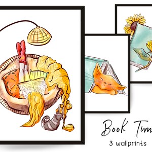 Booklover Wall Print, Books Art Digital Download, Modern Decor, Reading Boy Large Printable  Illustration, Pastel Colors, Bookworm art, set