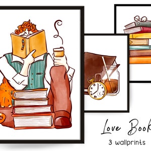 Booklover Wall Print, Books Art Digital Download, Modern Decor, Reading Boy Large Printable  Illustration, Pastel Colors, Bookworm art, set