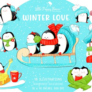 Ensemble png clipart de Noël, ensemble d’illustrations d’hiver, ensemble d’éléments d’image aquarelle, pack de Noël confortable, artisanat pingouins, fabrication de cartes pingouins