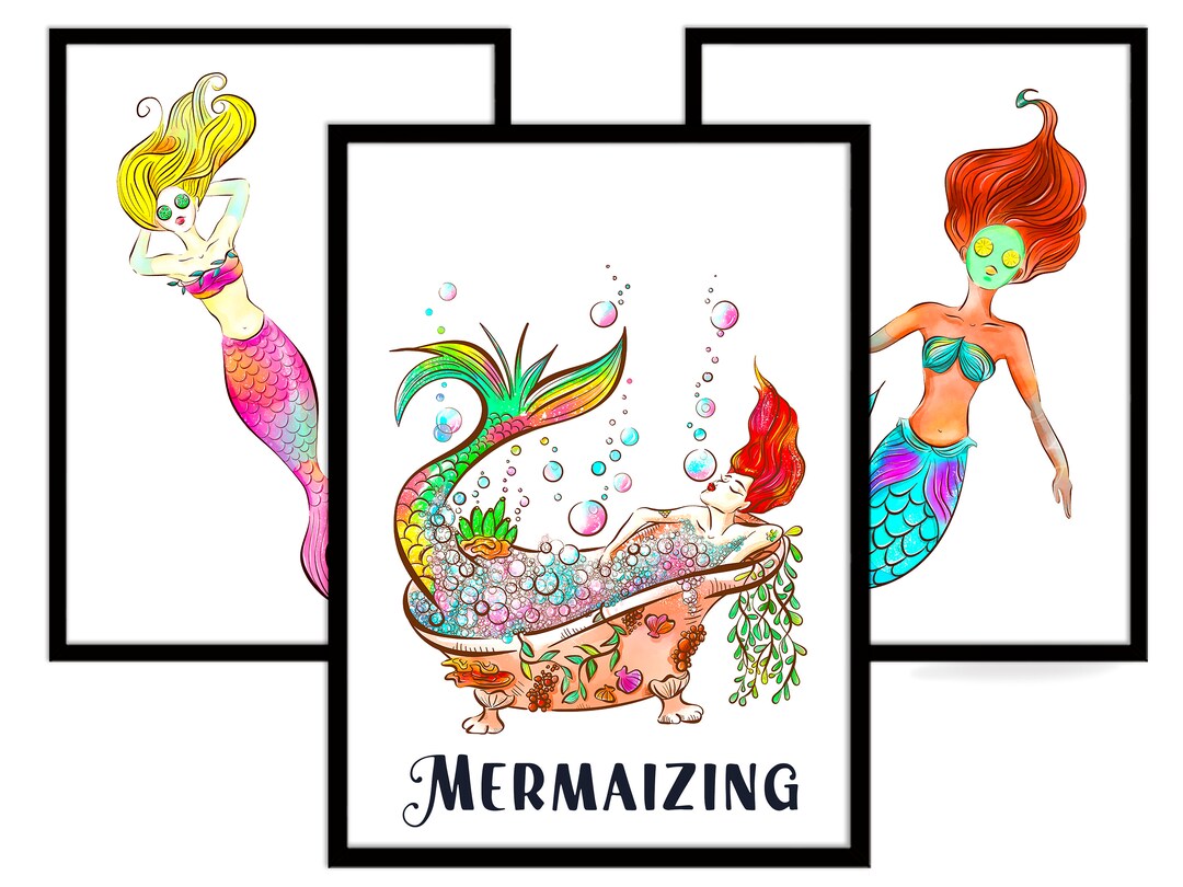 Mermaid Bath Spa Art, Mermaids Poster, Bathroom Wall Print, Home Decor