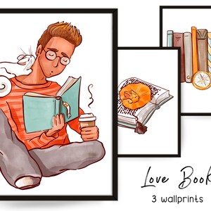 Booklover Wall Print, Books Art Digital Download, Modern Decor, Reading Boy Large Printable  Illustration, Pastel Colors, Bookworm art, set