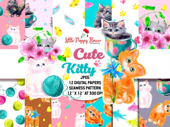 digital cat paper cat mice patterns cat scrapbooking paper pack of 12 high res JPG/'S instant download