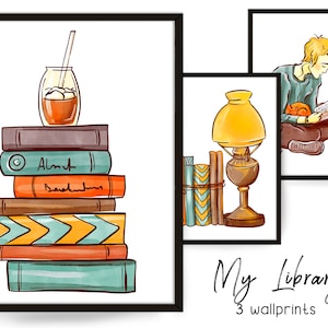 Booklover Wall Print, Books Art Digital Download, Modern Decor, Reading Boy Large Printable  Illustration, Pastel Colors, Bookworm art, set