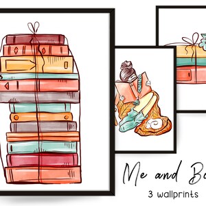 Booklover Wall Print, Books Art Digital Download, Modern Decor, Reading Girl  Large Printable  Illustration, Pastel Colors, Bookworm art