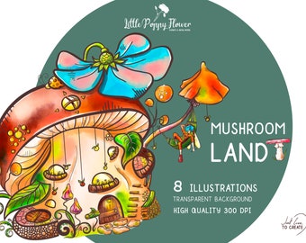 Mushroom Land digital PNG pack, mushroom print,  Scrapbook kit, instant art download forest printable, fantasy land printable, fantasy woods