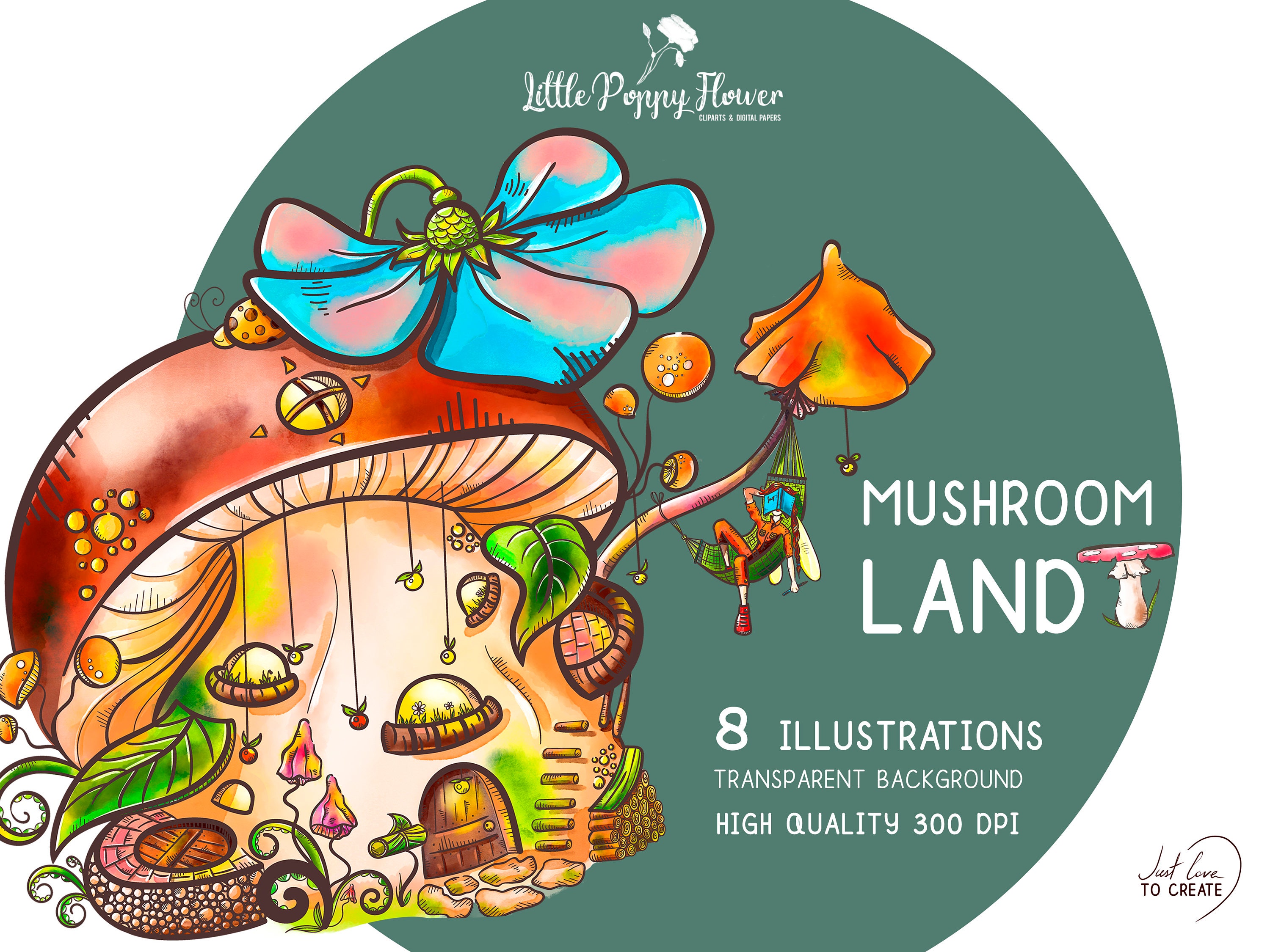 Mushroom Land Digital PNG Pack, Mushroom Print, Scrapbook Kit, Instant