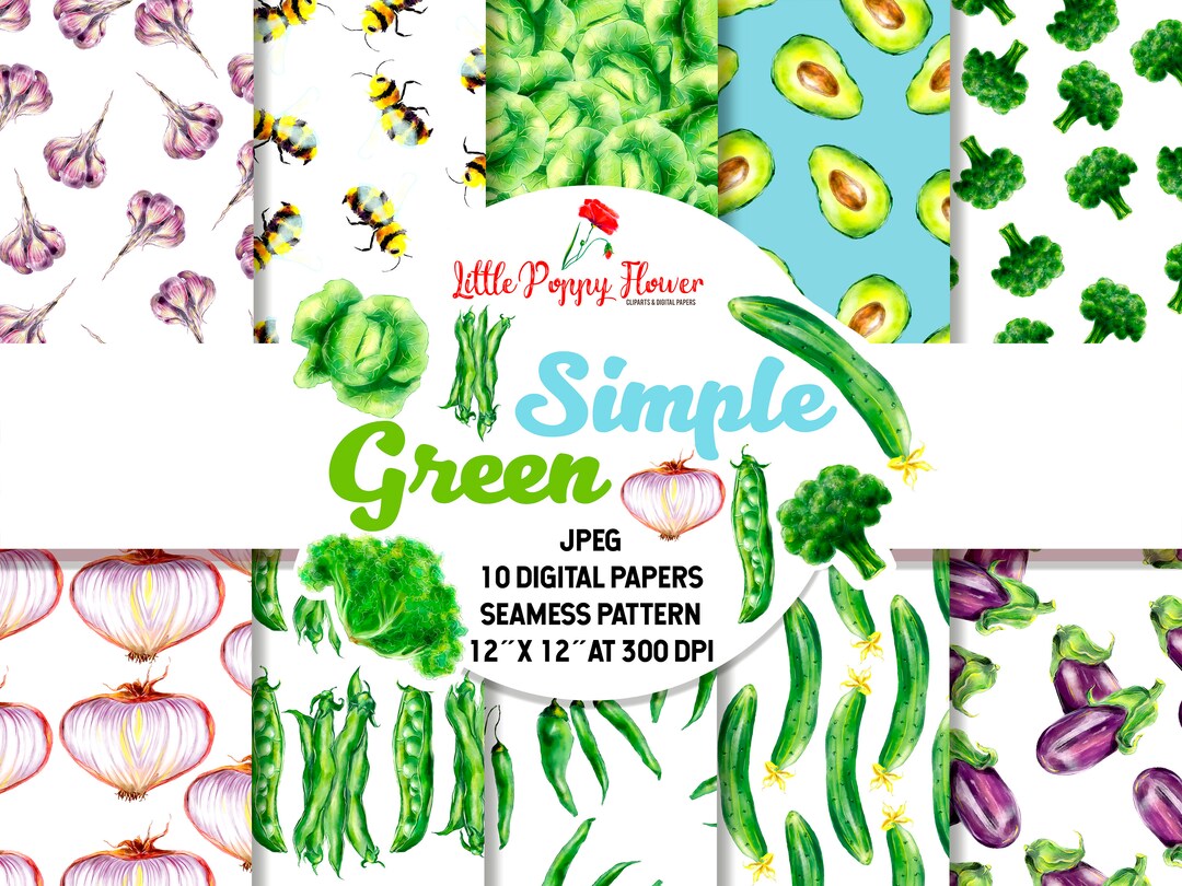 Green Vegatables Digital Paper Pack, Scrapbook Papers, Digital Download
